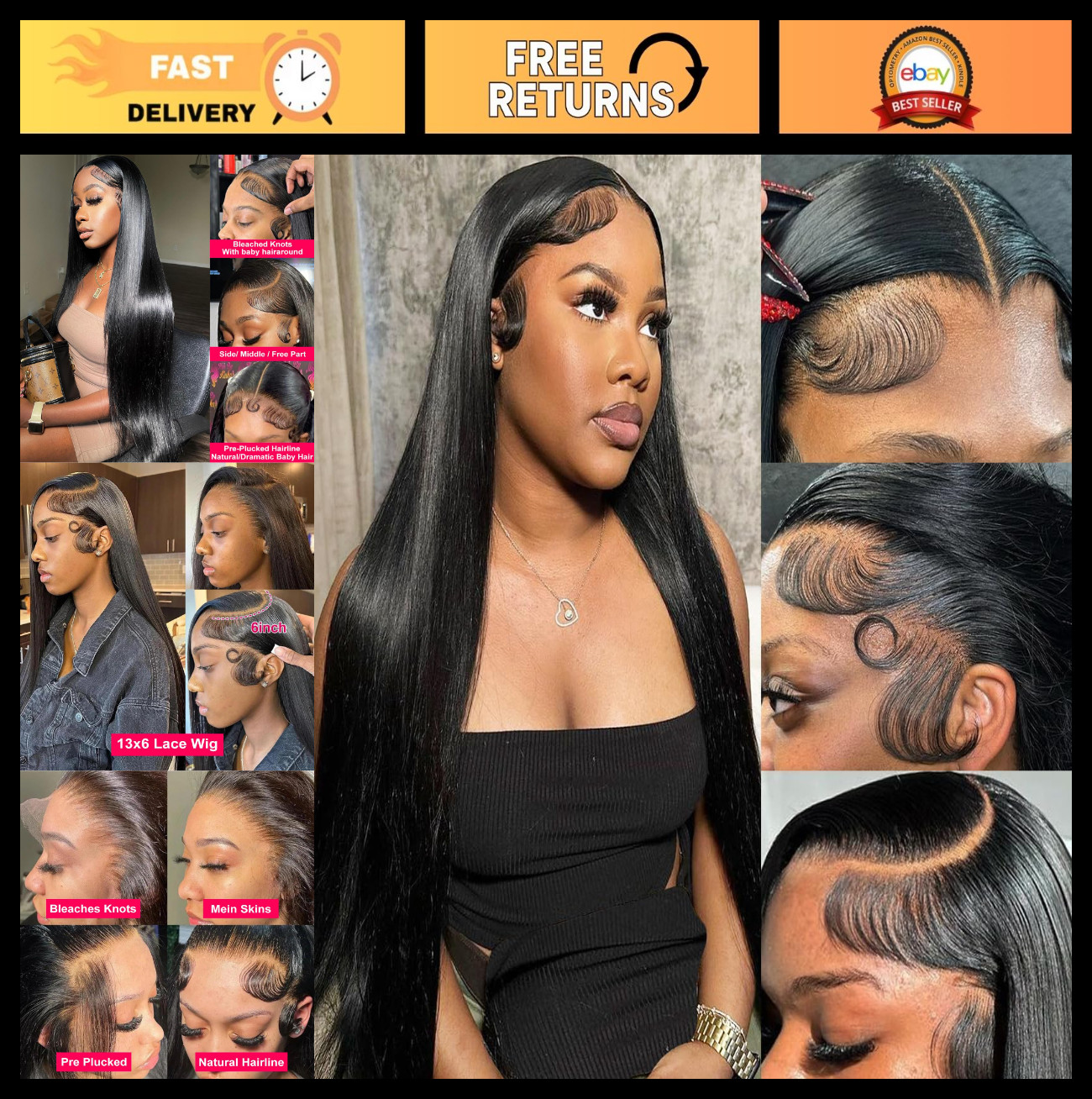 36 Inch Straight Human Hair Wig – 13×6 Lace Front, Pre-Plucked, Glueless, 180% D