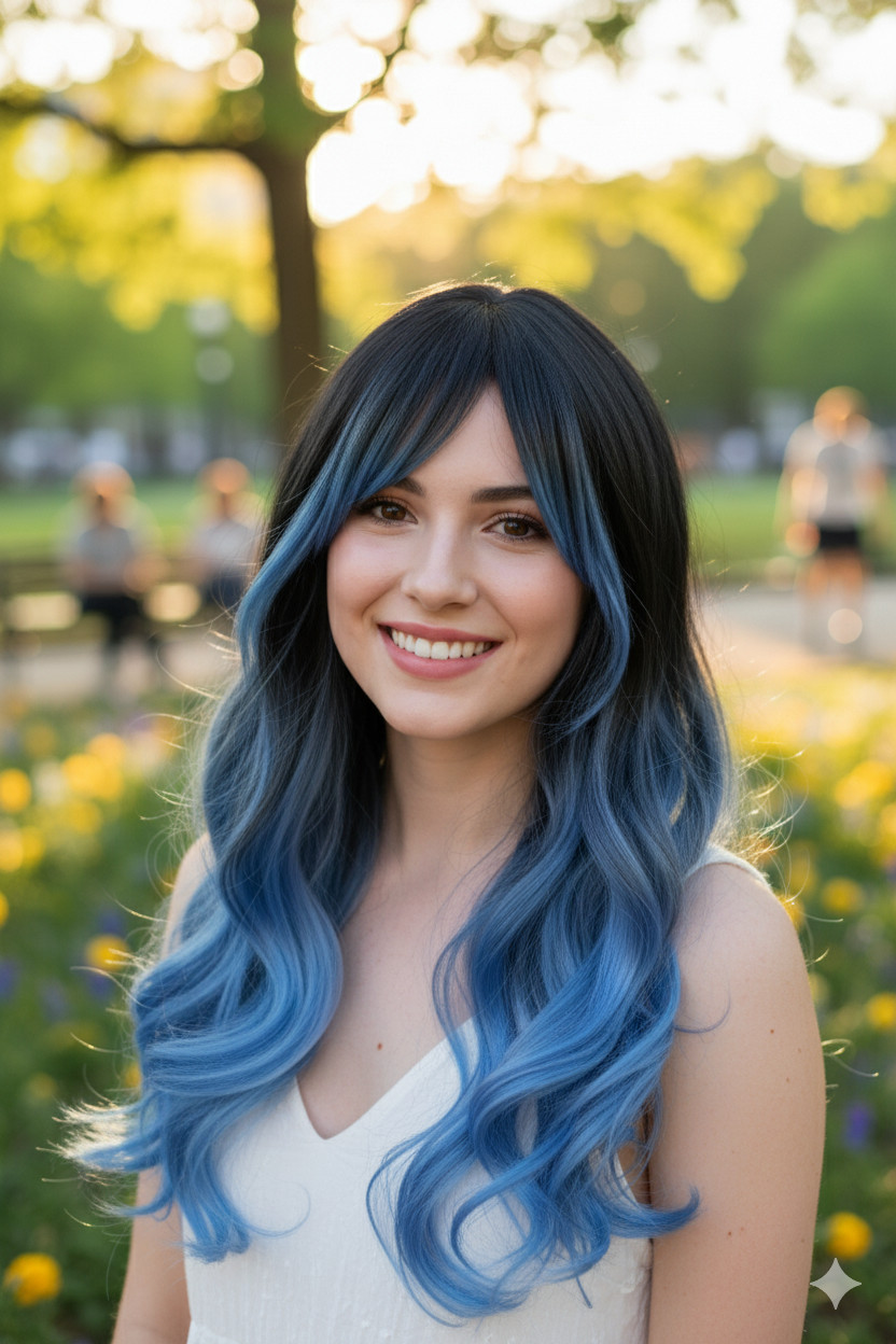 Black and Blue Wavy Wig for Women | Long 26″ Synthetic Hair with Bangs