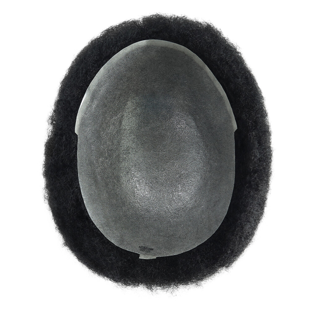 Mens Toupee Human Hair Replacement System Skin Afro Curl 6mm Black Hair Pieces