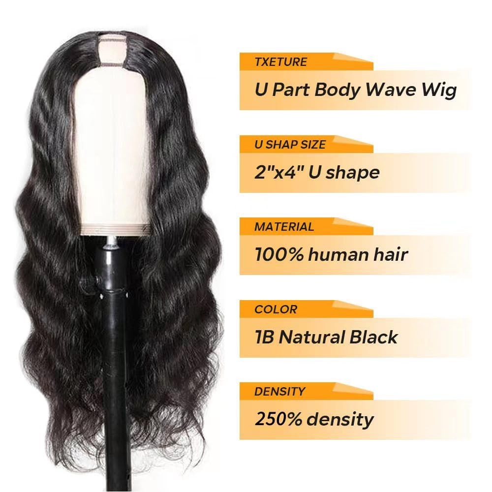 250% Density U Part Human Hair Wig Body Wave 22″ Clip-In for Black Women, No Lea