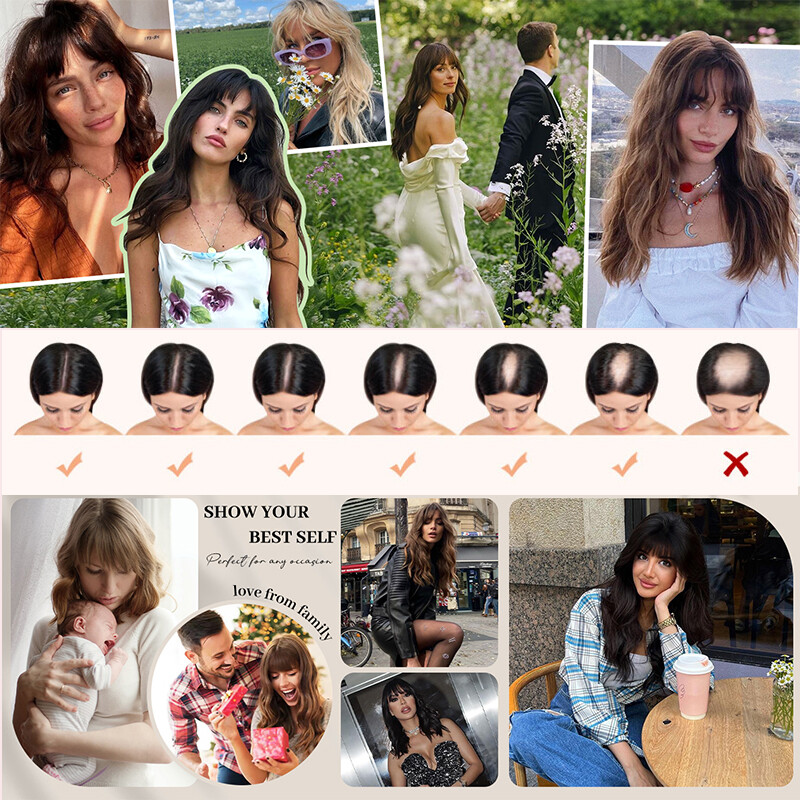 Thick Clip In Topper Hair Extensions Wavy Hairpiece With Bangs Natural as Human