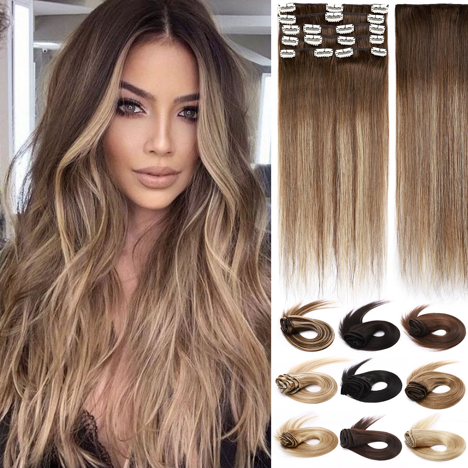 CLEARANCE Clip In 100%Real Remy Human Hair Extensions Full Head Balayage Caramel