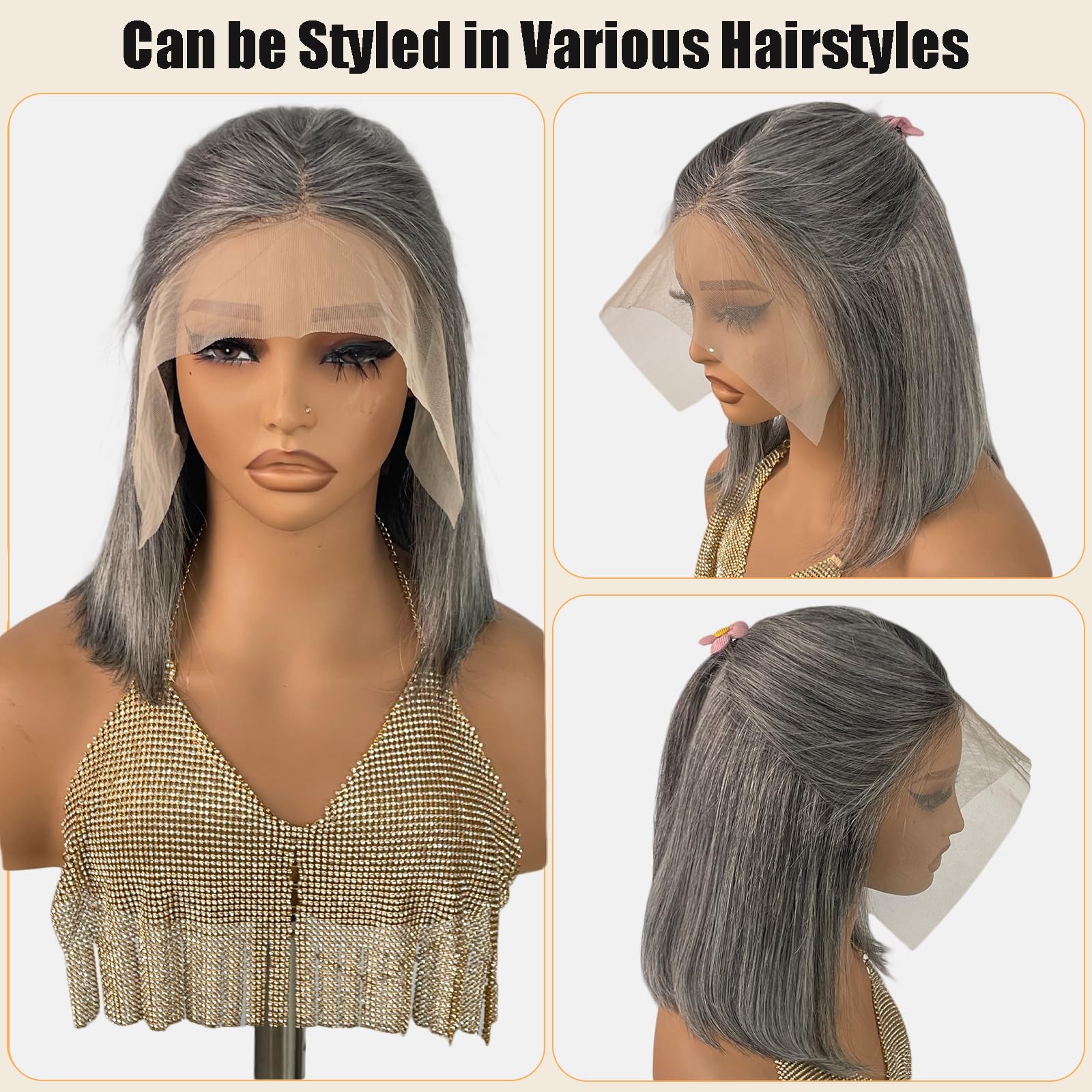 Smavida Hd Transparent 13X4 Straight Grey Bob Wigs Human Hair Straight Ombre