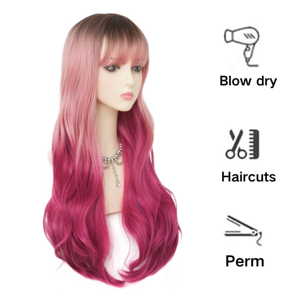 Ombre Pink Long Wig with Bangs Dark Root Curly Wavy Wigs Synthetic Heat Resis…