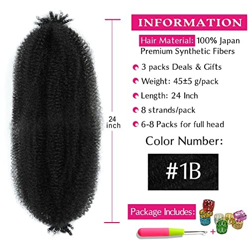 Afro Twist Hair 24 Inch 3 Packs, Springy Afro Twist 24 Inch (Pack of 3) 1B#