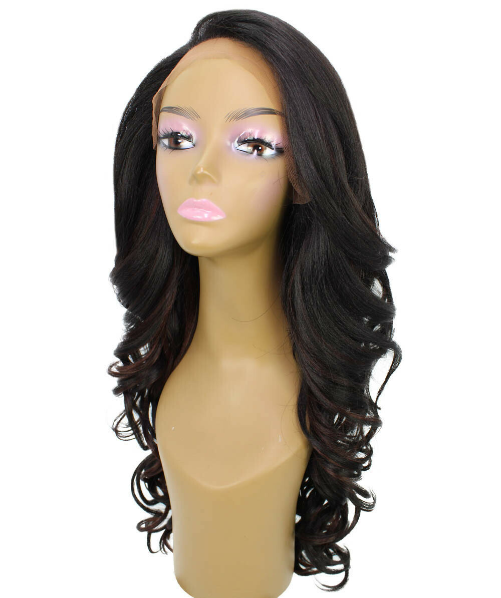 Wavy 24.5 in 13×2.5 Hand Tied Lace Front Wig, Black with Auburn Highlights