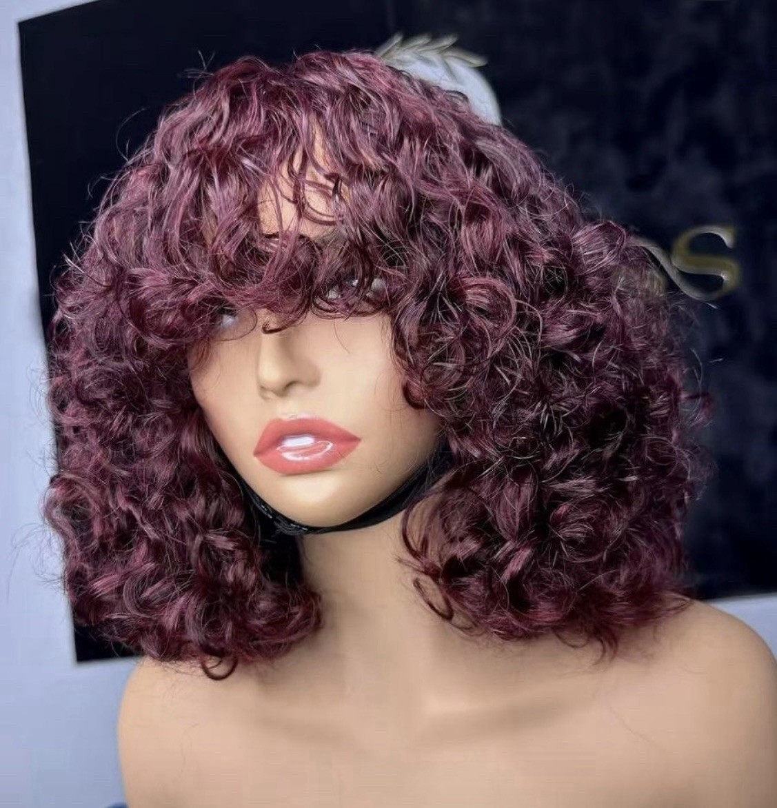 Women’s Adult Short Burgundy Curly Bob Wig, Curly Texture Style, Curly Hair Look