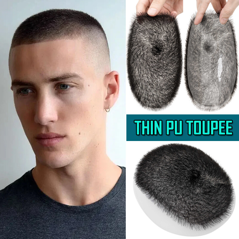 Men Short Buzz Cut Hair PU Thin Skin Toupee Human Hair Scalp Replacement System