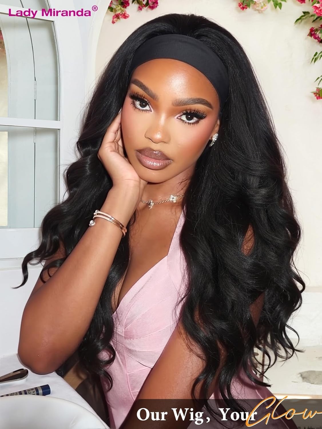 Yaki Wavy Headband Wig for Black Women Layered Filp 26in (Flower Headband) #1B
