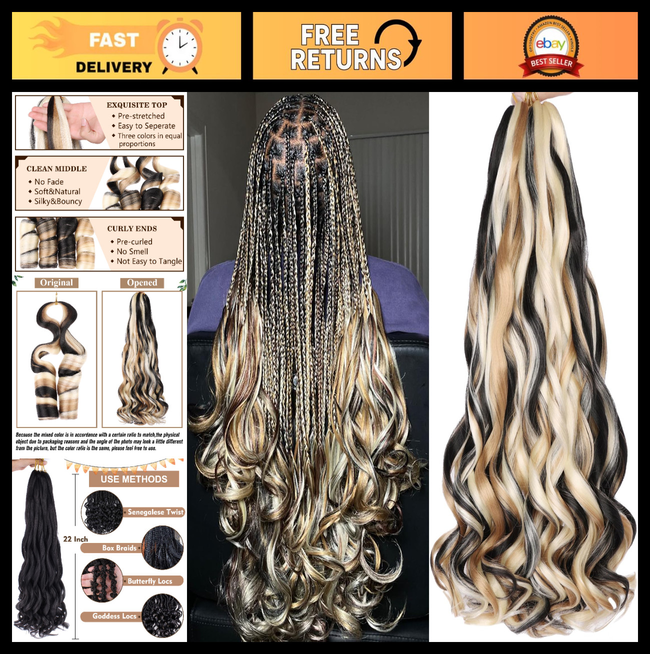 22″ French Curly Braiding Hair – 9 Packs Loose Wave Ends, Black & Blonde Mix, Pr