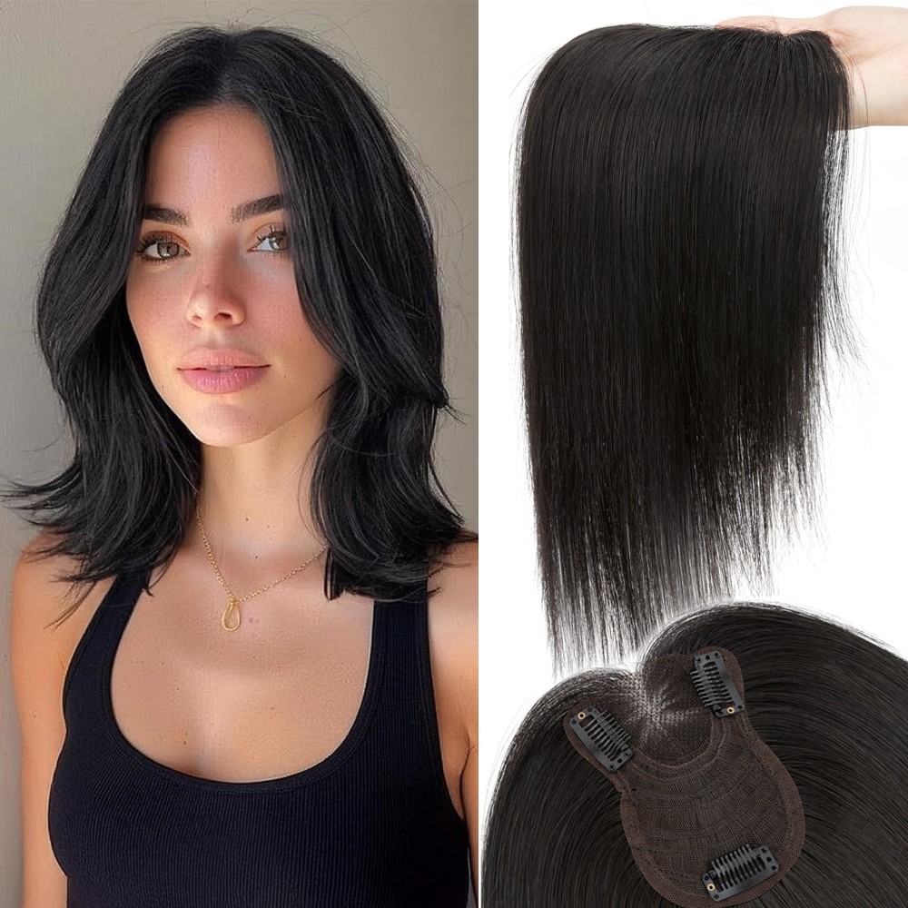 Clip In Human Hair Toppers with Curtain Bangs Lace Base Top Hair Piece for Women