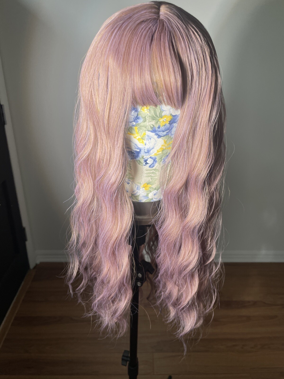 wig, Cosplay 26” Lilac Pink Rose Gold, Synthetic, Bangs, Straight Wavy
