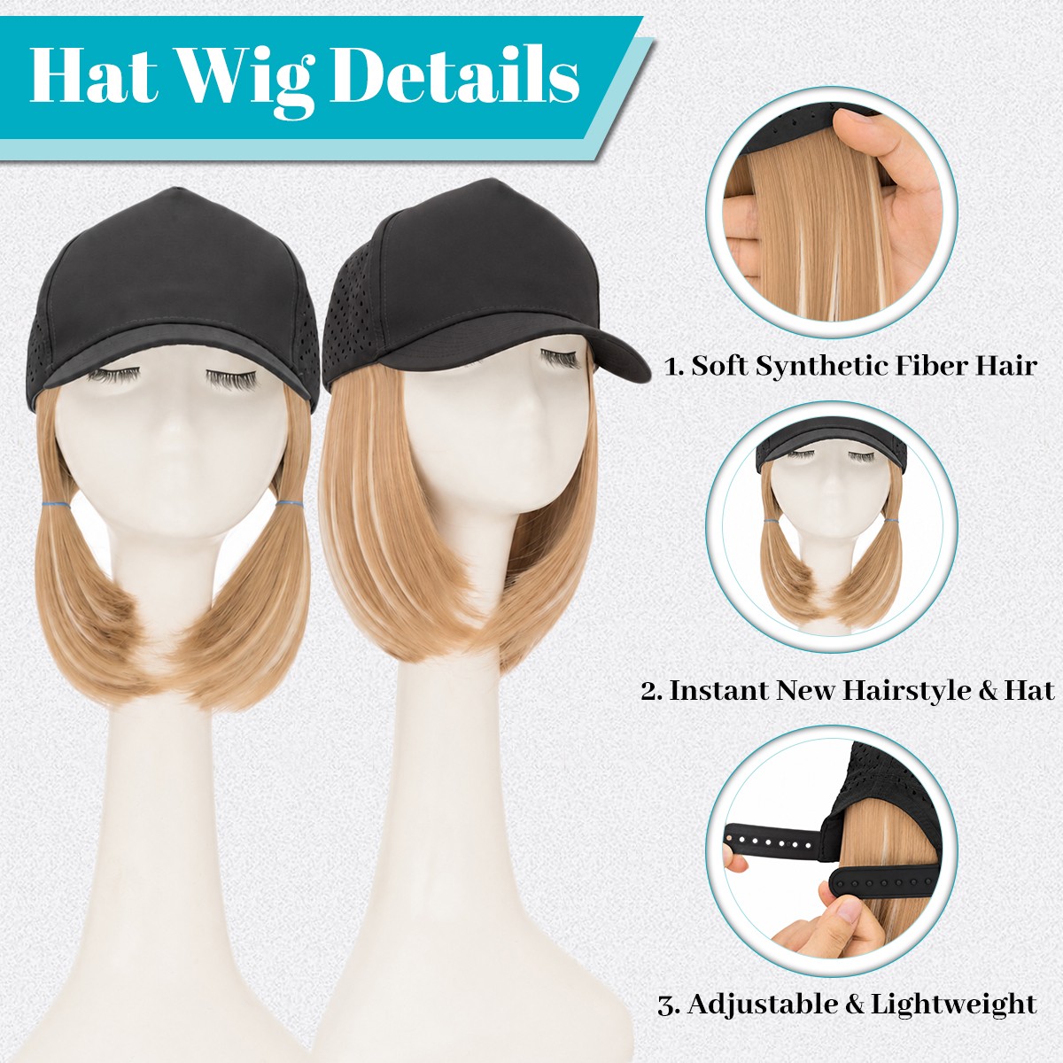 Cap Hat Bob Wig with 6″ Synthetic Straight Hair Adjustable Cap Baseball Hat Wig
