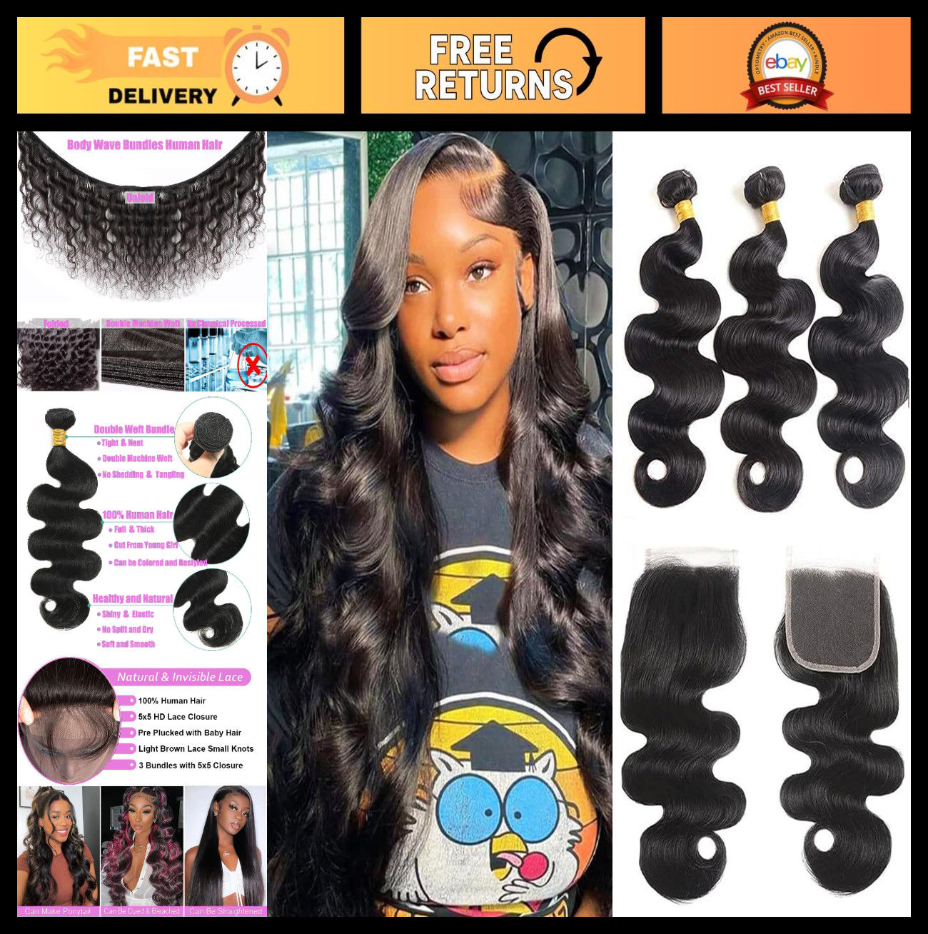 12A Body Wave Human Hair Extensions 3 Bundles + 5×5 HD Lace Closure, Natural Bla