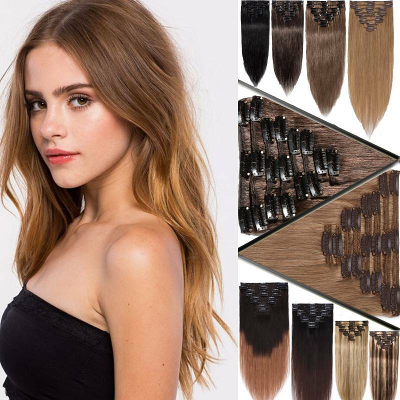 Good Quality Full Head Remy Clip In 100% Remy Human Hair Extensions curled L015