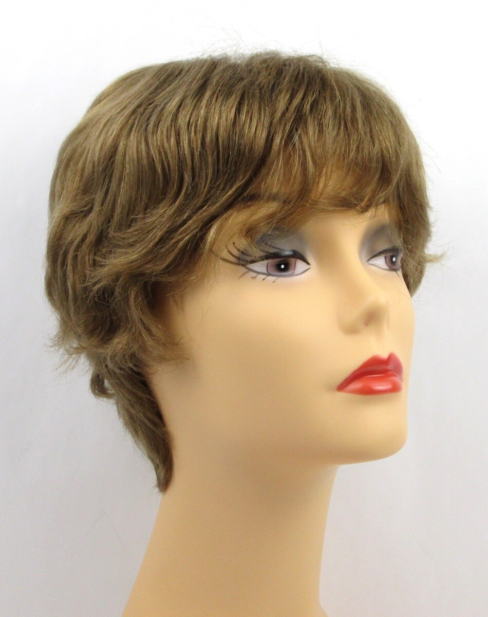 100% HUMAN HAIR WOMENS SHORT STRAIGHT SLIGHTLY WAVY WIG W/ WISPY BANGS SANDY