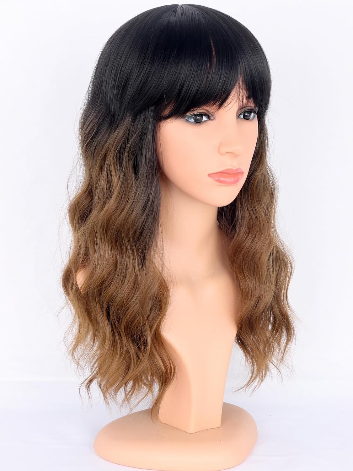 Medium Length Ombre Brown Wavy Wig with Bangs – Perfect for Parties & Daily Use