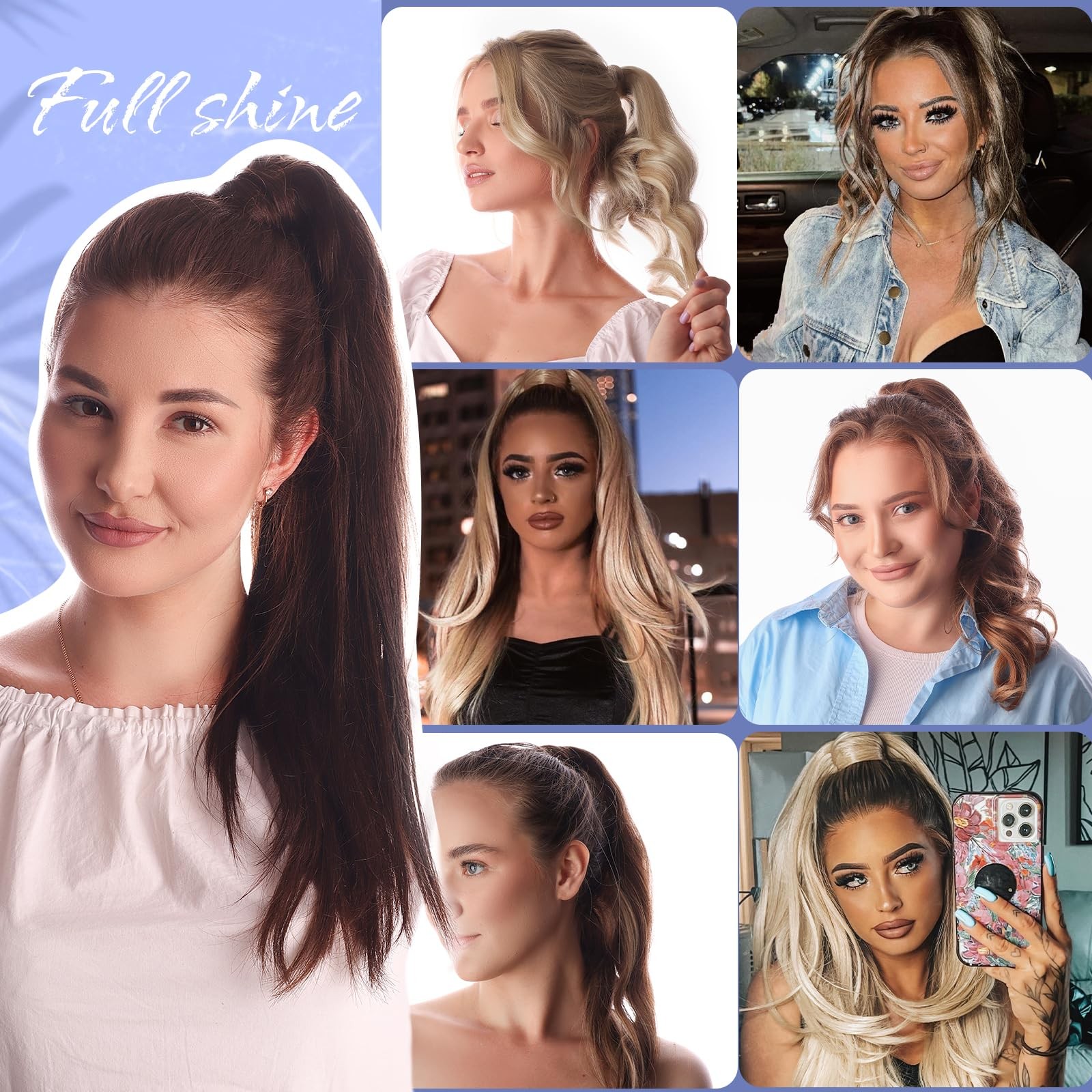 Full Shine Pony Tails Hair Extensions Dirty Blonde Highlights Light Blonde
