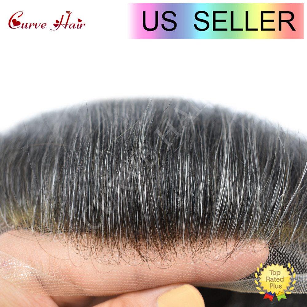 Men Real Hair System French Lace Front Bleached Knots Mens Toupee Grey Hairpiece