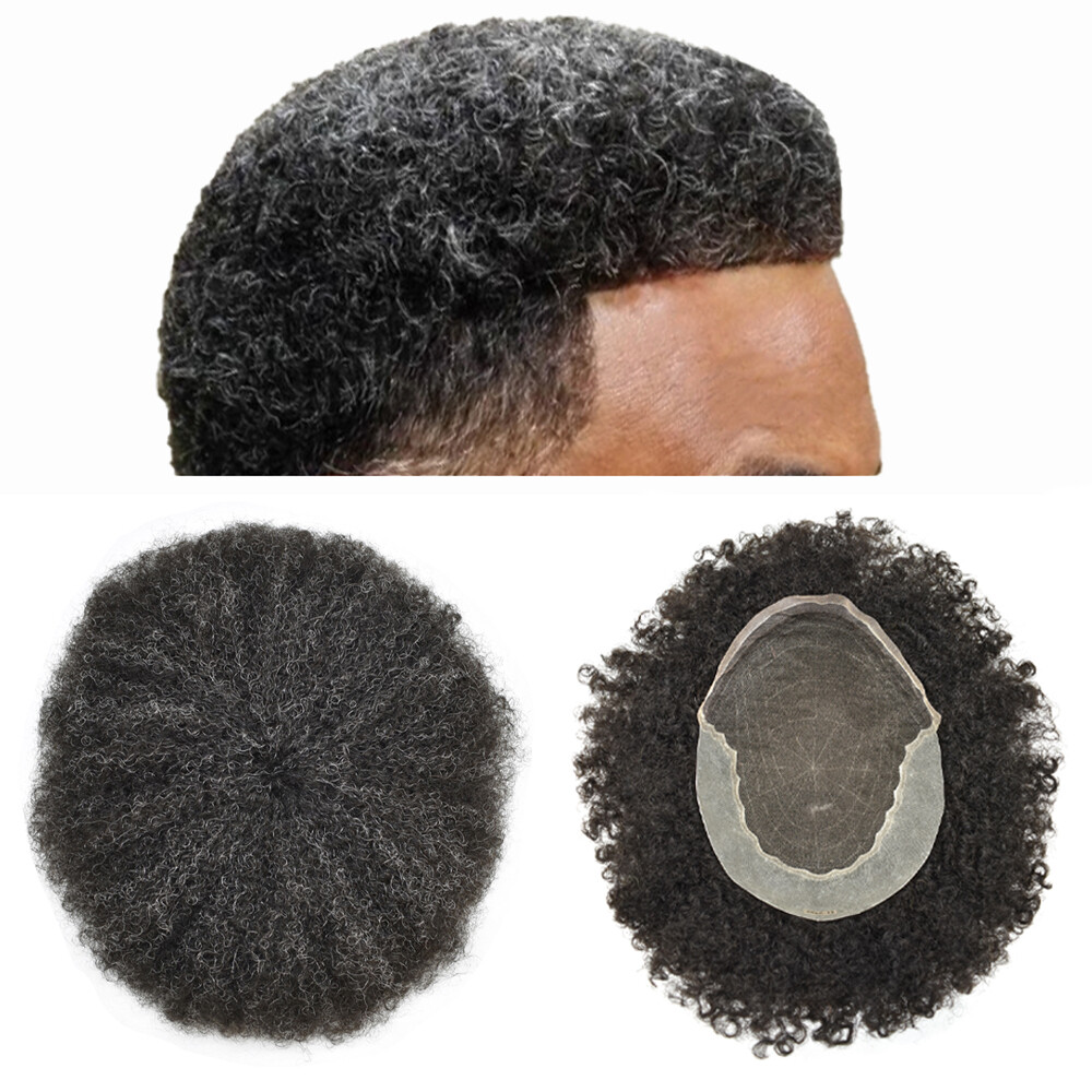 Afro Toupee for Black Men Toupee French Lace Hairpiece Kinky Curl Gray Hair Unit