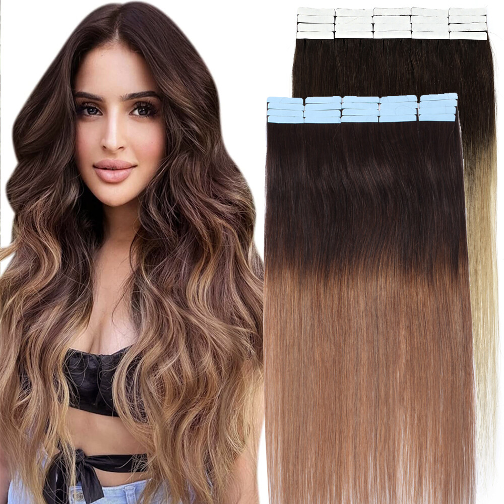 UK Seamless Russian Remy Tape In Skin Weft Human Hair Extensions 60PCS BALAYAGE