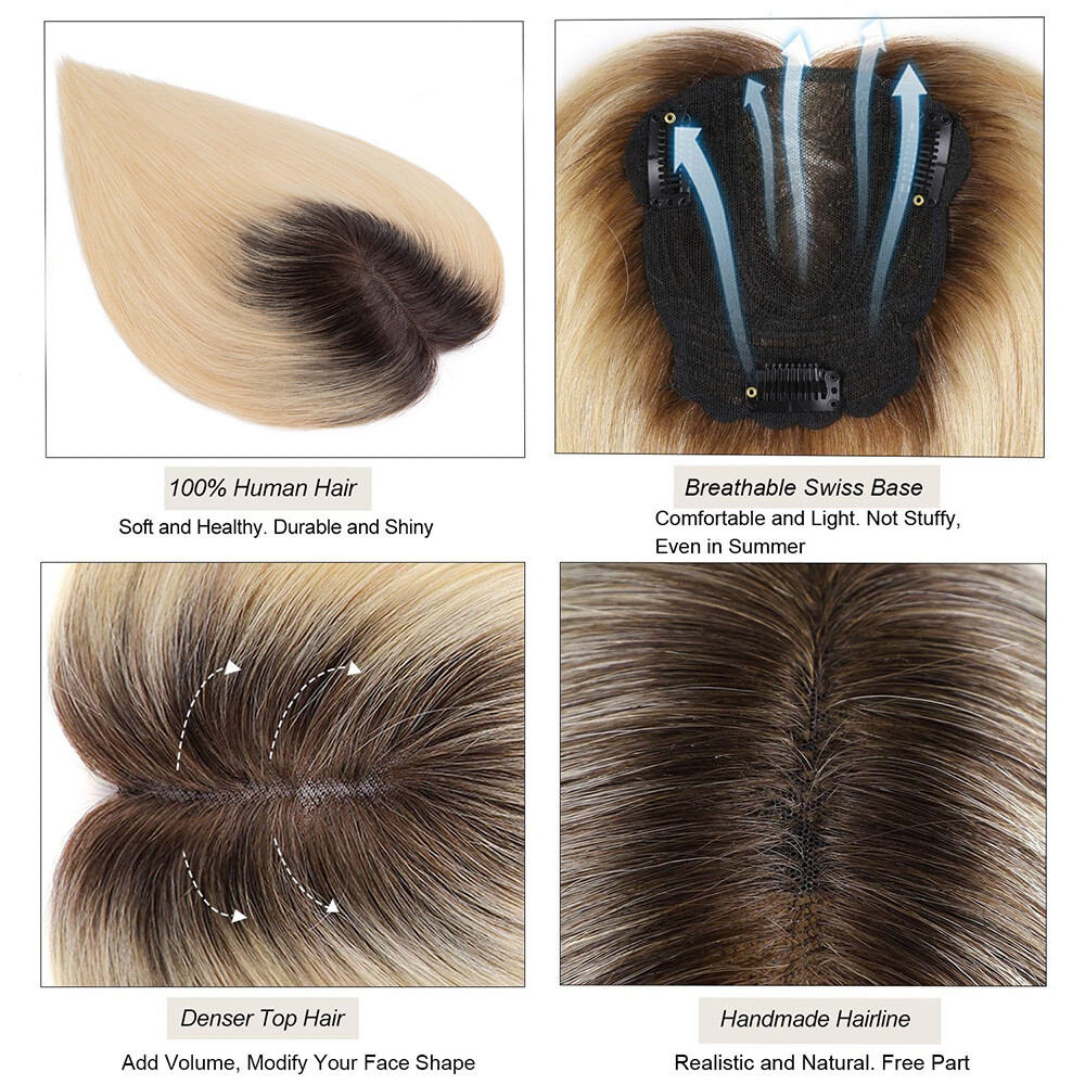 Silk Base 100%Human Hair Topper Clip in Hairpiece Wig Toupee Top Piece Side Part