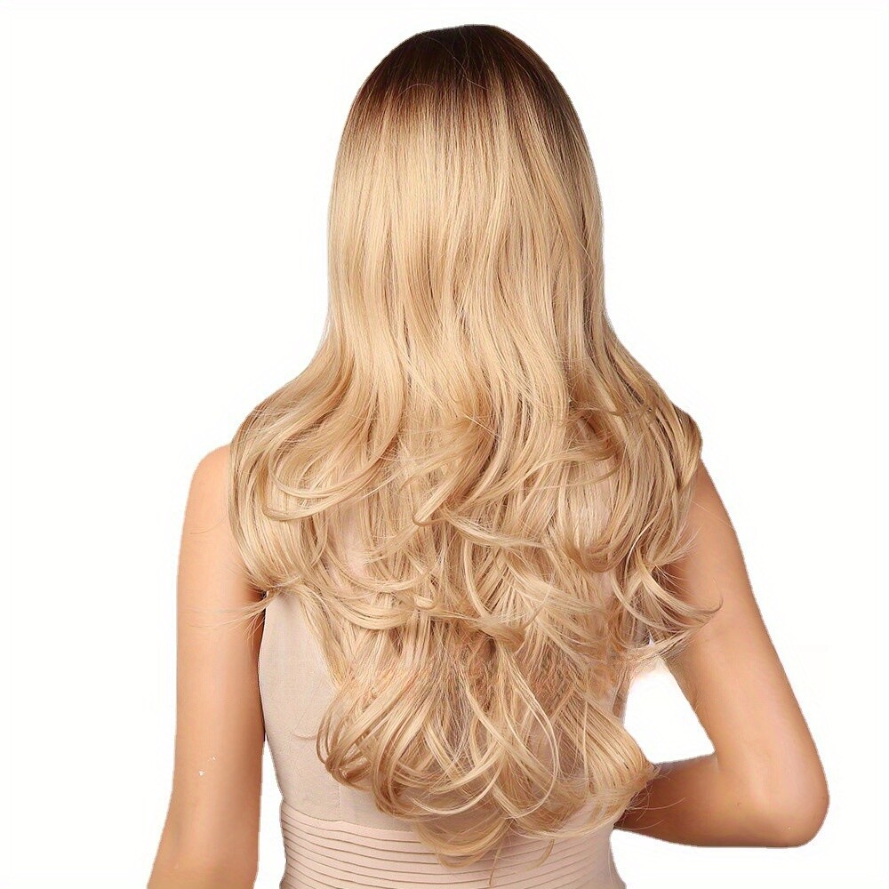 26 Inch Long Blonde Ombre Wavy Wig with Bangs Heat Resistant Layered Curly Wigs
