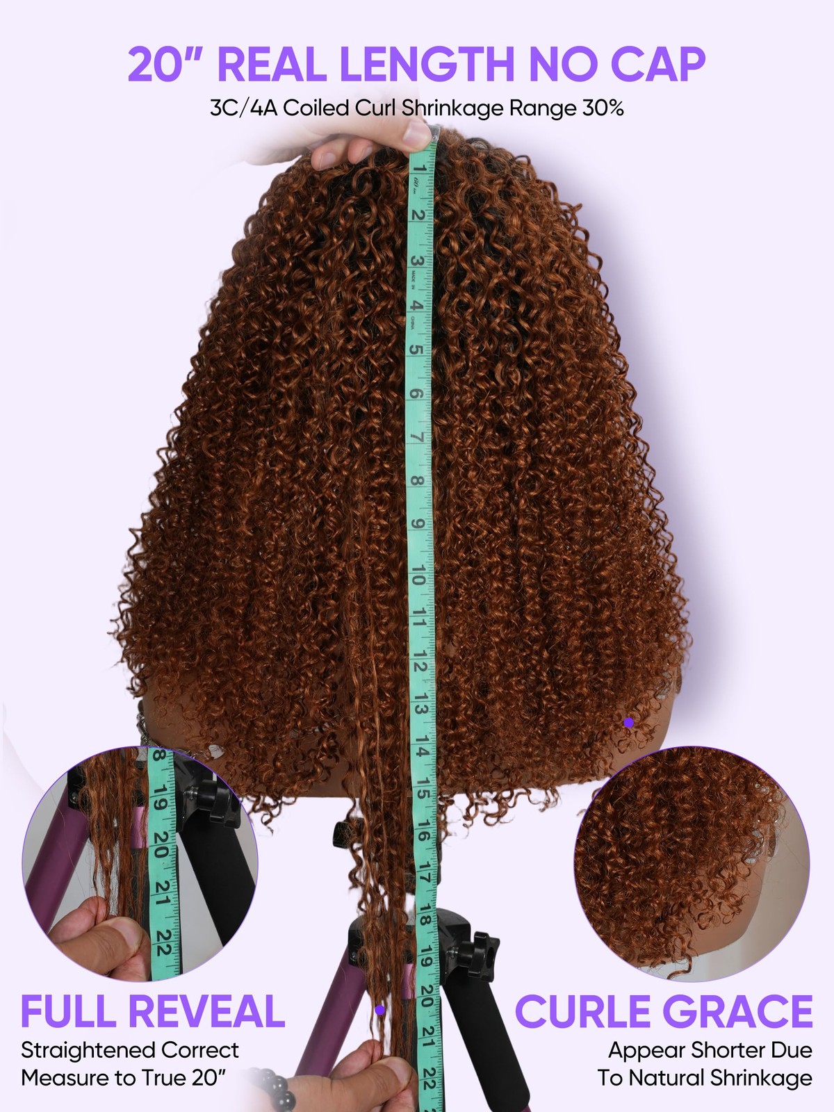 Wigchic T1B/30 Ombre Brown Kinky Curly Half Wig 10 Human Hair Over Glueless 4C