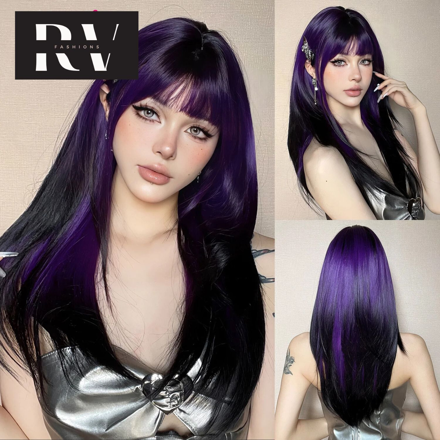 Cosplay wig women’s Black Purple Ombre hair large wavy long Straight Hair