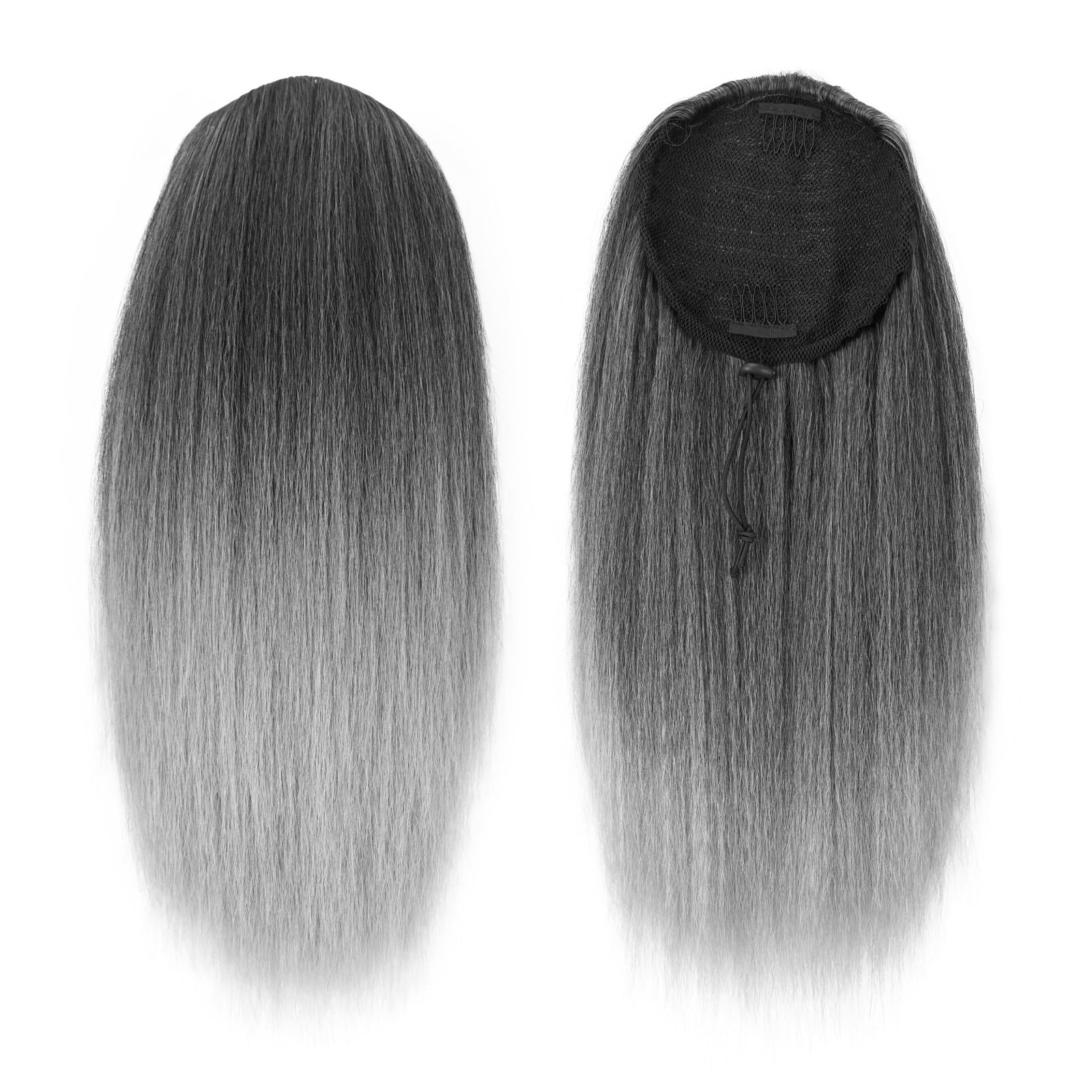 Grey Yaki Straight Drawstring Ponytail for Women 16inch Salt and Pepper Yaki …