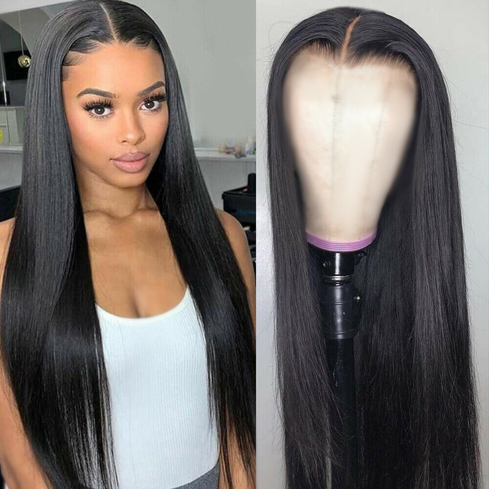 Women Black Long Straight Heat Resistant Human Hair Wig Natural Hairpiece NEW