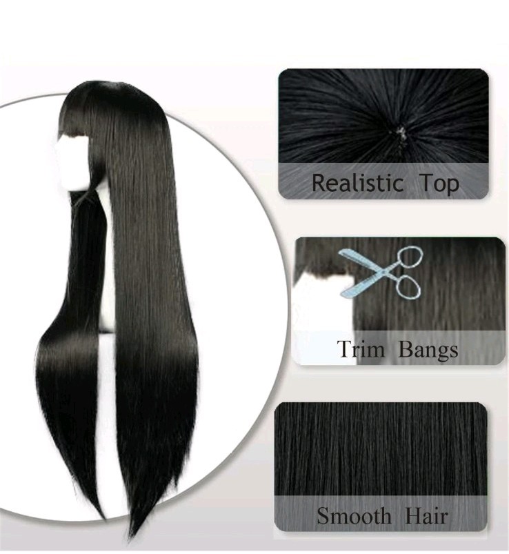 26in Black Long Wavy Wig with Bangs for Women Heat Resistant Synthetic Cosplay