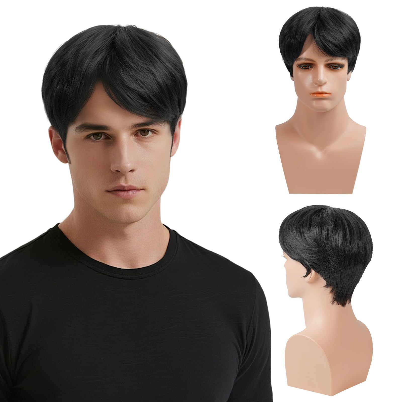 Black Side Part Short Synthetic Wig High Temperature Fiber Full Head Wig for Men
