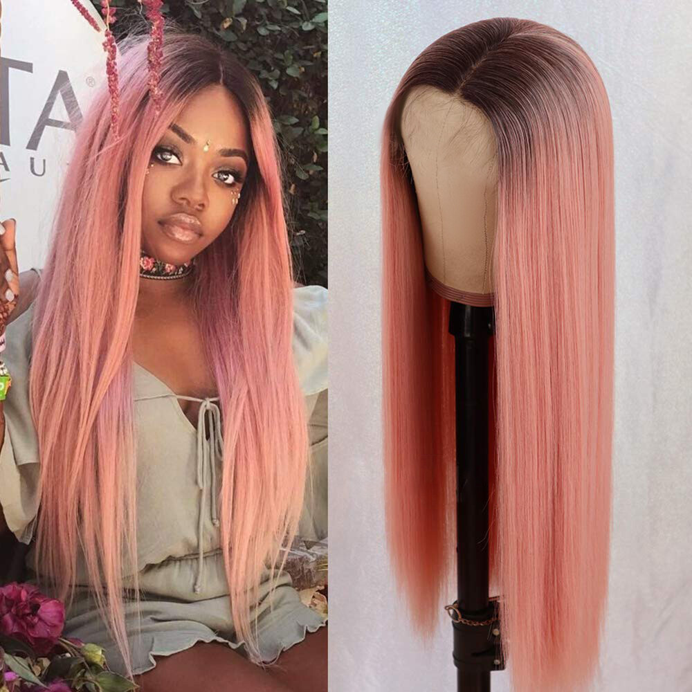 Pink Ombre Wigs Dark Roots Straight Synthetic Wig Heat Safe Party Daily Use