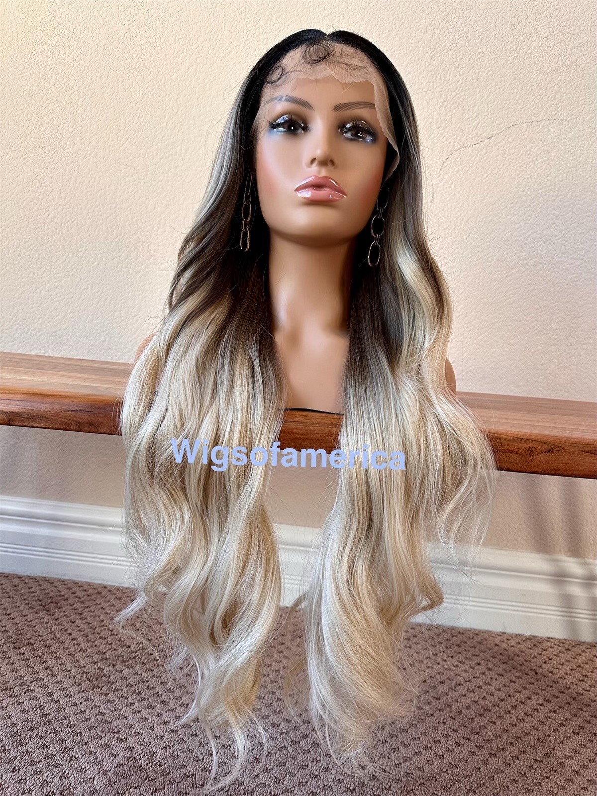 Golden Ash Blonde Wig Ombré Black Lace Front Middle Part Heat Ok