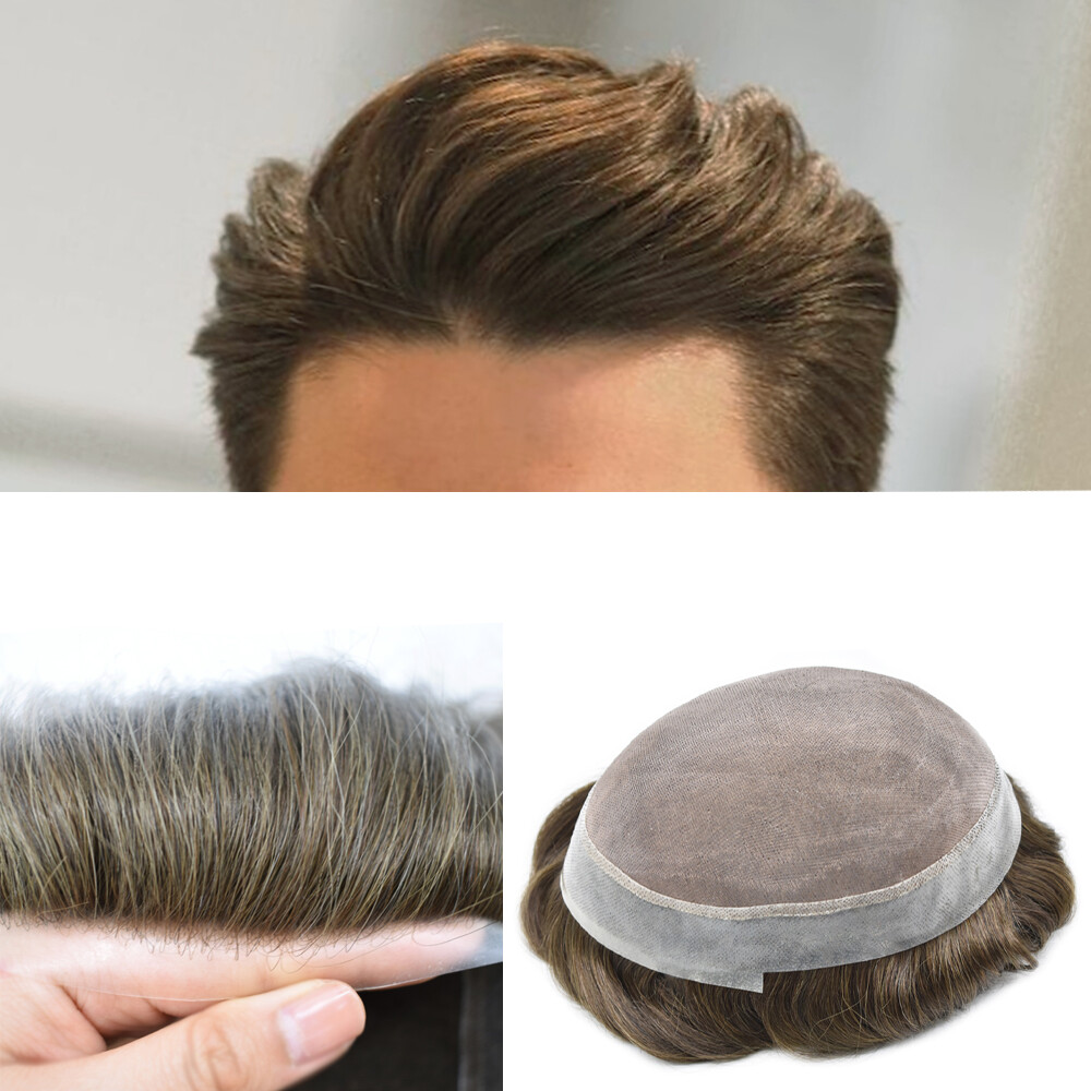 Mens toupee hairpiece Fine Mono poly skin Human hair system replacement Mens wig