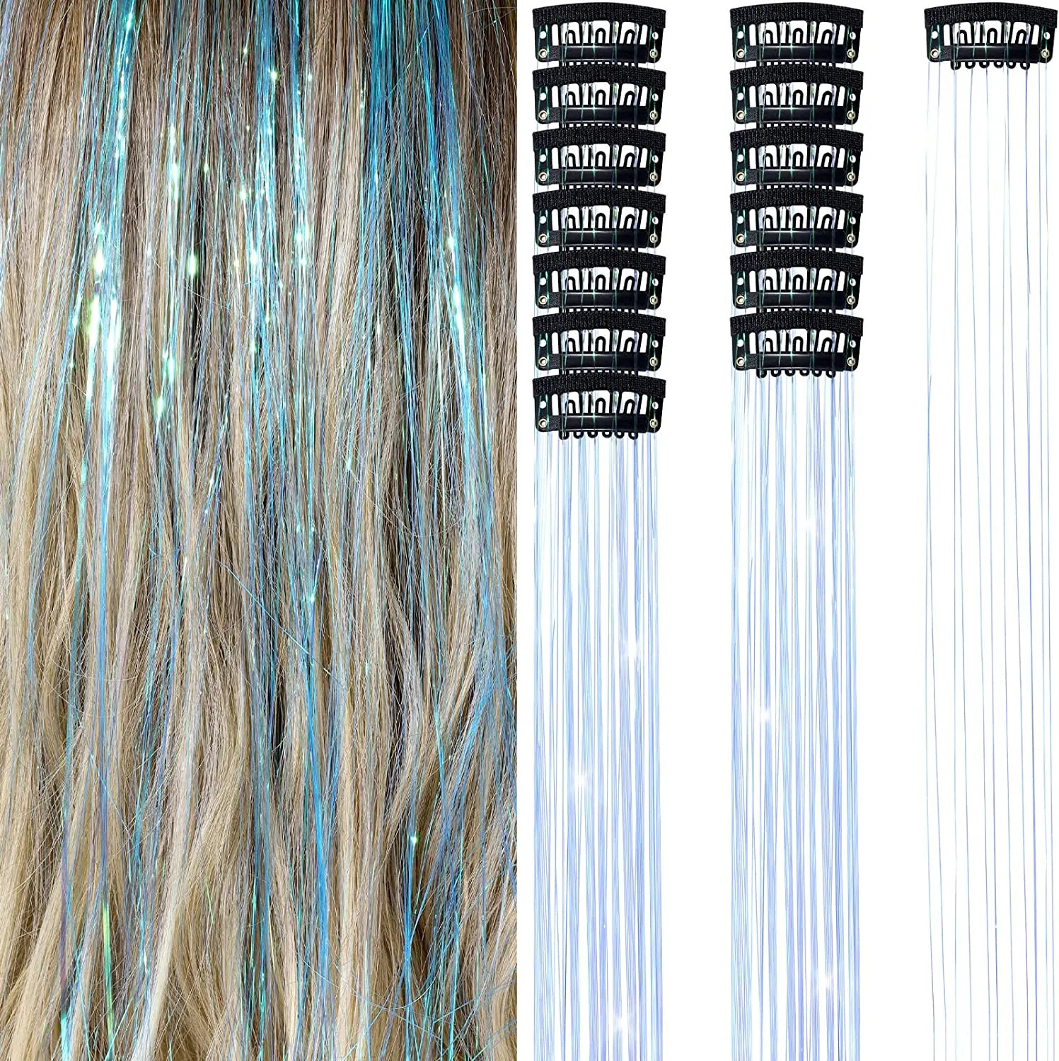 50cm Sparking Shiny Hair Tinsel Extensions Synthetic Clip In Hair Extensions