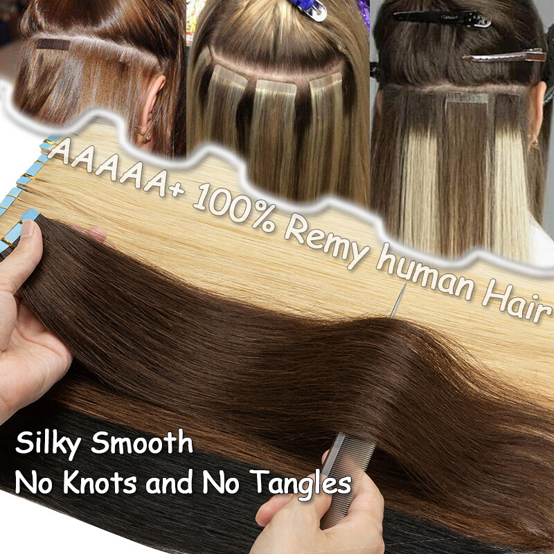 Tape In 100% Remy Human Hair Extensions Invisible Skin Weft Body Wave & Straight