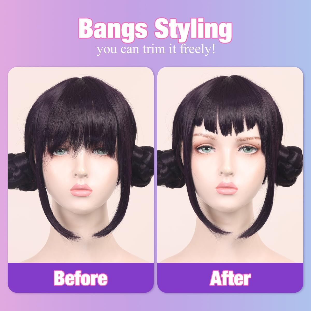 Short Black Purple Cosplay Wig with 2 Buns for Halloween Party Costume（Small …