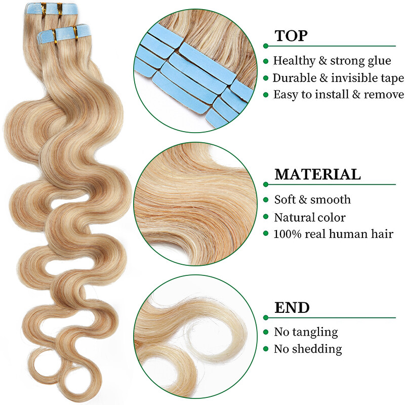 200g 80pcs Tape In Human Hair Extensions Skin Weft FULL HEAD Body Wave Ombre