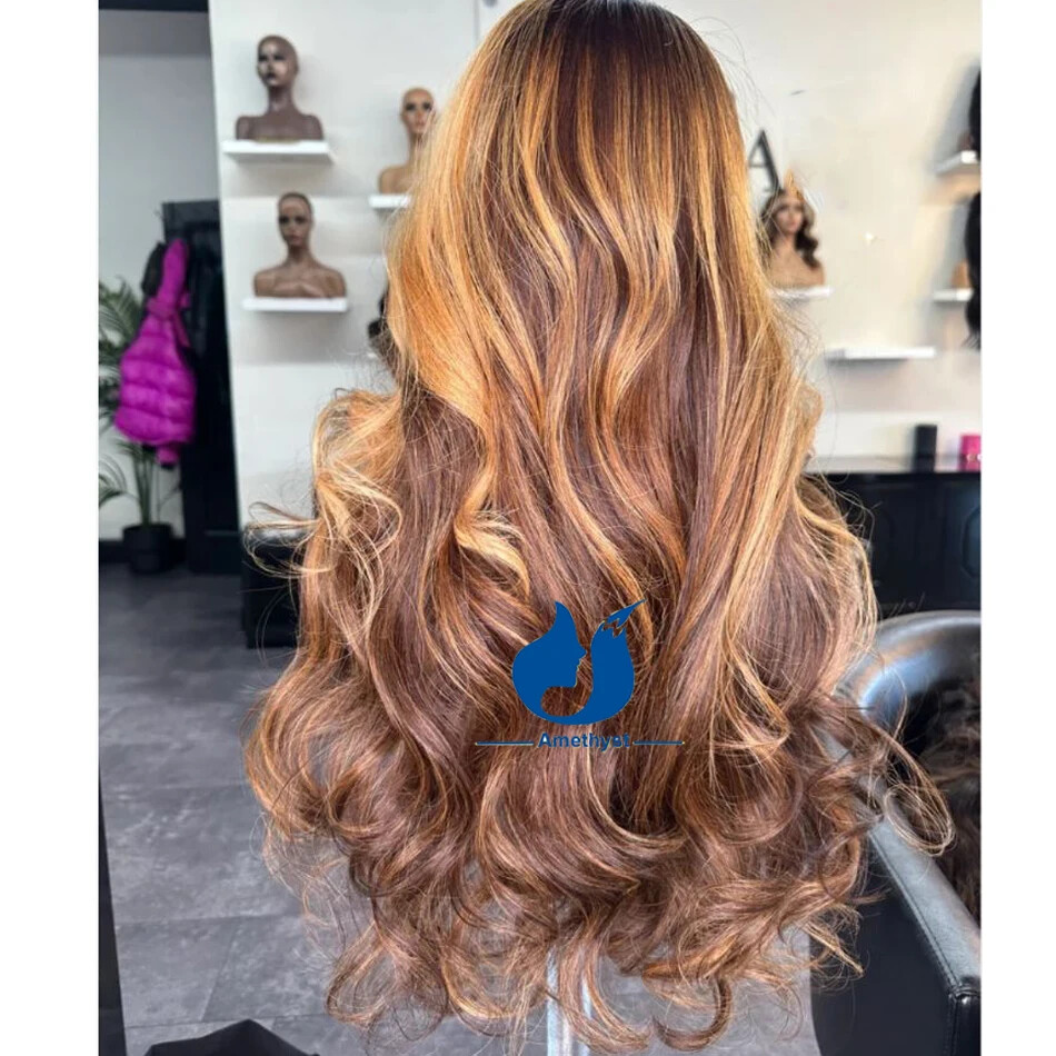Body Wave Ombre Brown With Blonde Highlights 13X6 Lace Front Human Hair Wig Wavy