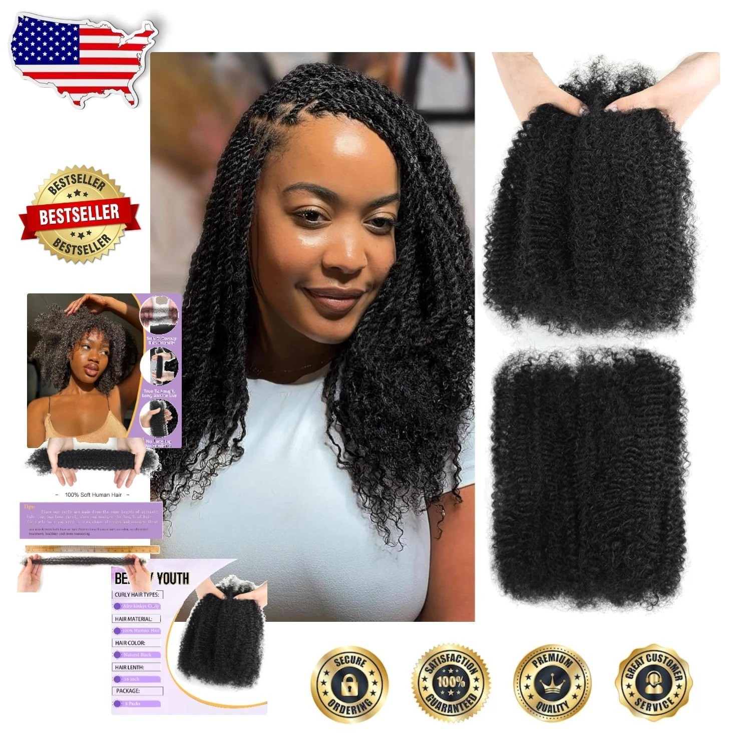 High-Quality 16″ Afro Kinky Bulk Human Hair 2 Bundles for Hair Restoration