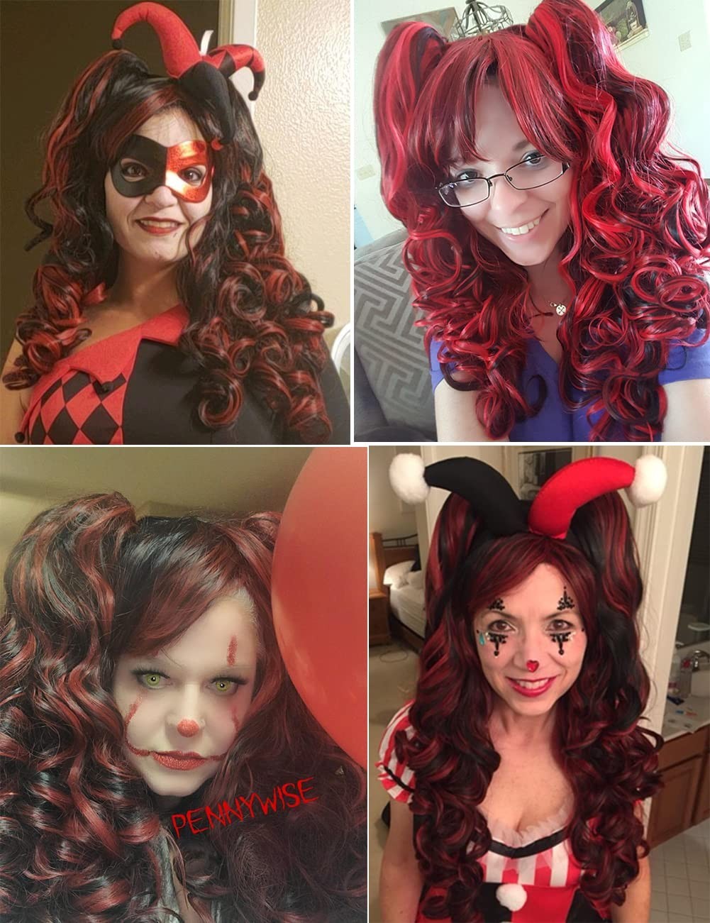 Long Curly Multi-Color Cosplay Wig with 2 Ponytails Black with Red