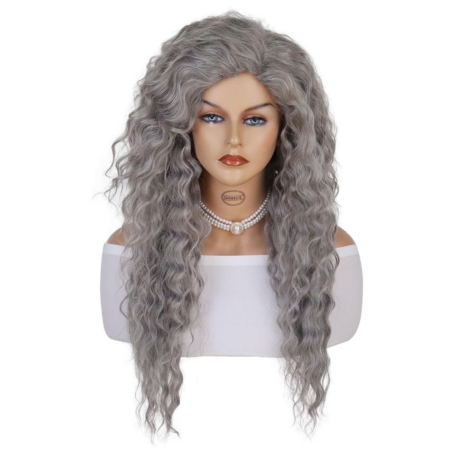 28 inches Long Grey Cosplay Wig – Natural Wavy Fluffy Curly Hair Synthetic Fi…