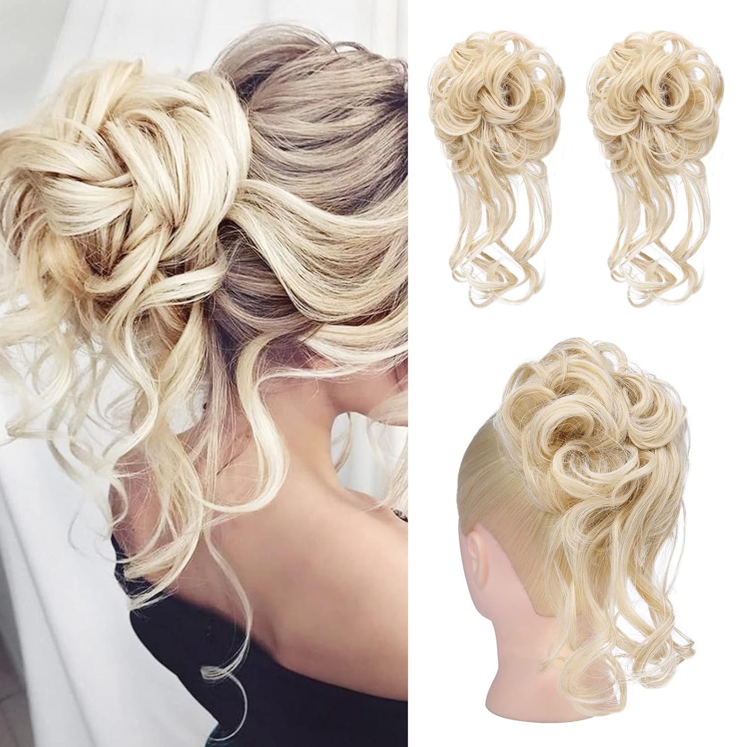 HOOJIH Messy Bun Hair Piece, 2PCS Tousled Updo with Tendrils Hair Bun Extensions