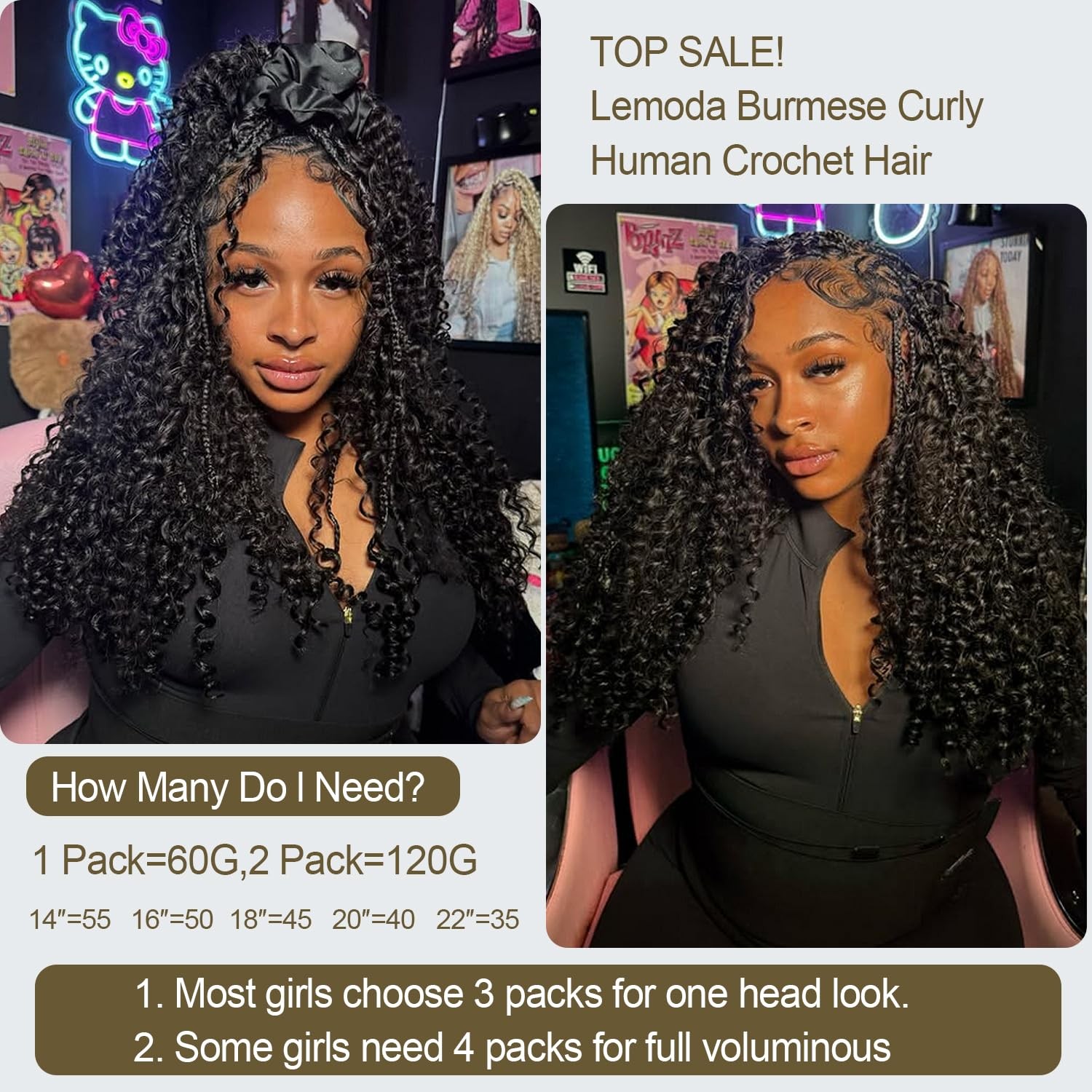 Lemoda Burmese Curly Feather Human Crochet Hair Extensions 14 Inch 120G Human