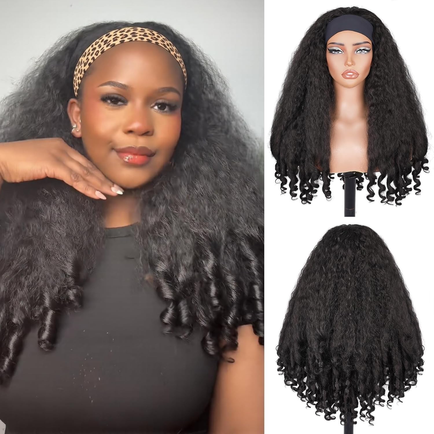 24in Afro Curly Glueless Headband Soft Synthetic Wig with Bouncy End Curls #1B