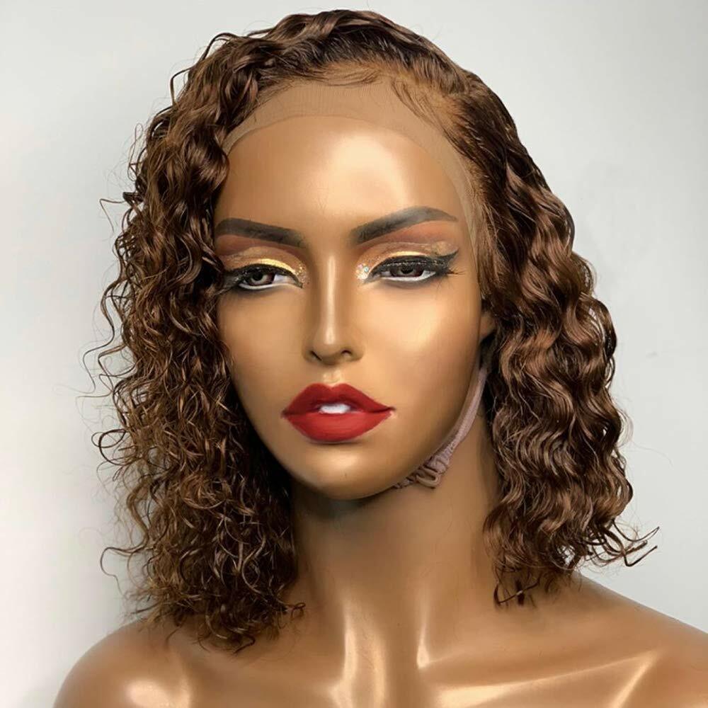 13×4 Water Wave Lace Front Human Hair Wigs Deep Curly Short Bob Wig Brown 130%