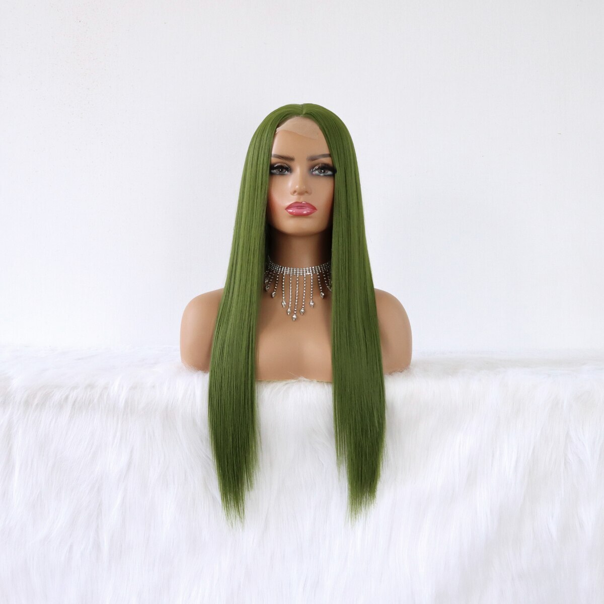 Olive Green Synthetic Hair Lace Wigs Long Straight Green Color Heat Resistant