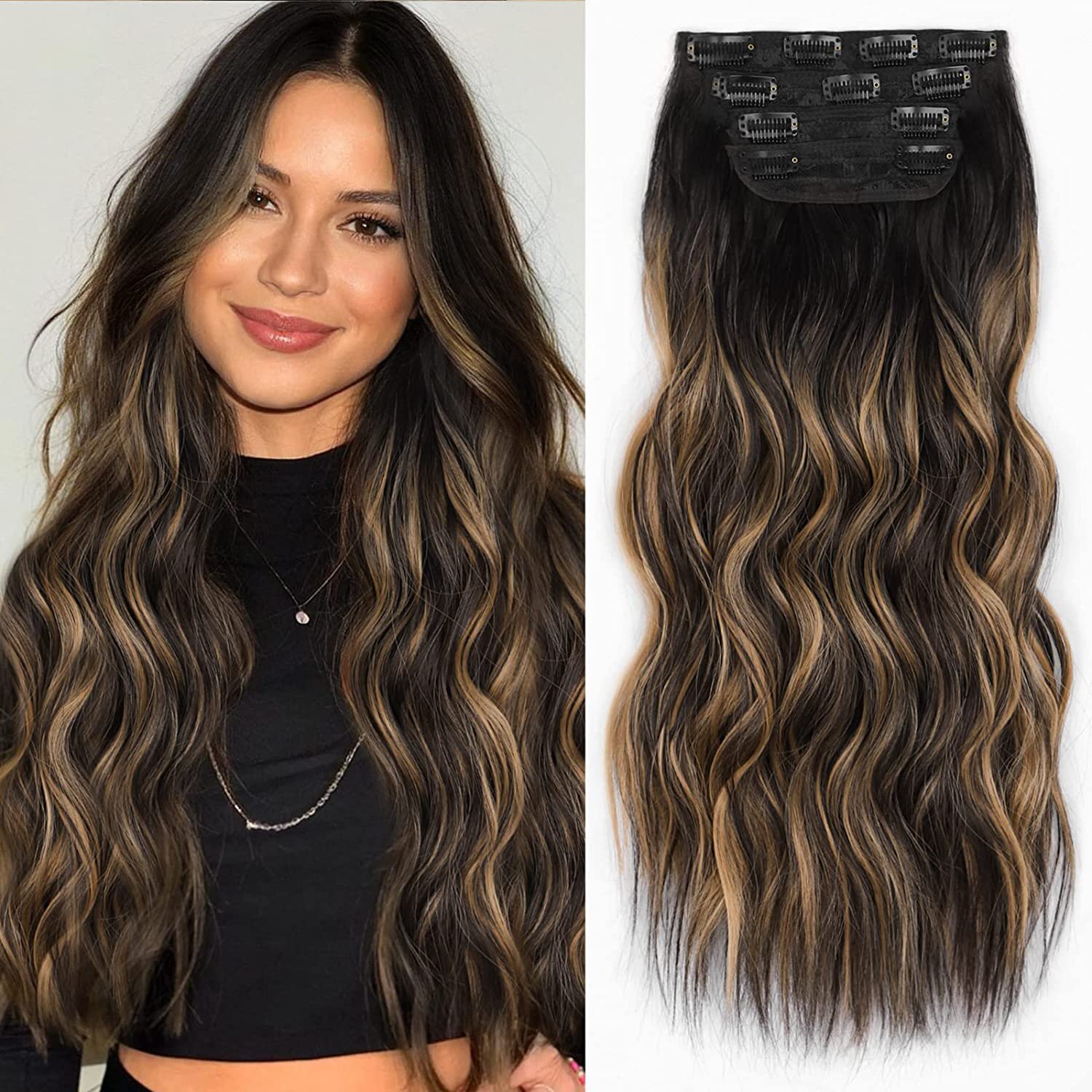 4PCS Clip in Natural Hair Extensions Long Wavy Bleach Blonde Weft Synthetic